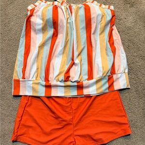 Striped Plus Size 2XL Tankini Swim Set Orange Swim Shorts Adjustable Strap